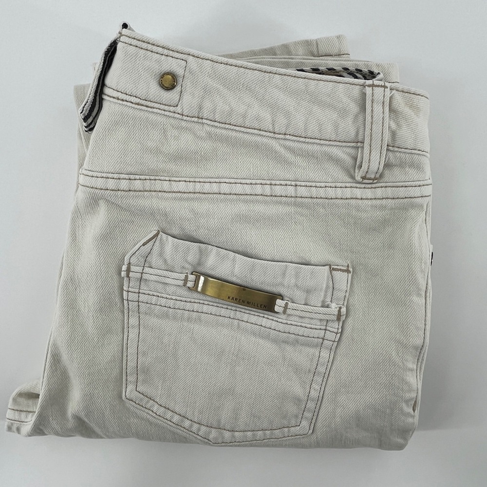 Karen Millen Denim Womens Cream Washed Straight Leg Jeans Size 8 Gold Hardware